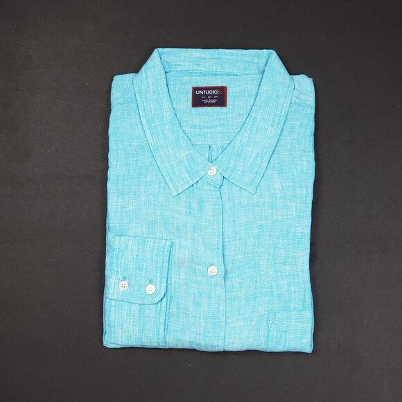 UNTUCKit Blush-Aqua Button-Up Shirt Women Size 12 Aqua Blue Linen LS Regular Fit - Picture 5 of 15
